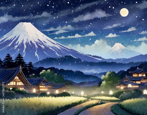 富士山と月 田舎 日本