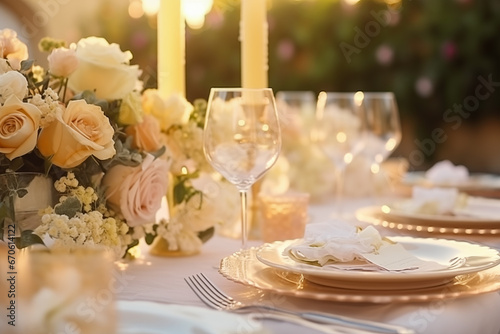 Glasses and plates for a romantic dinner, festive atmosphere with flowers and candles. Decor in Provence style for the holiday in soft colors. Table setting for a wedding.