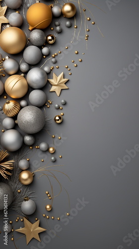 Stylish Christmas background in dark gray concrete with gray gift boxes  gold and silver stars. Copy space.