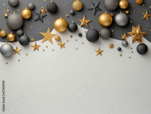 Stylish Christmas background in dark gray concrete with gray gift boxes, gold and silver stars. Copy space.