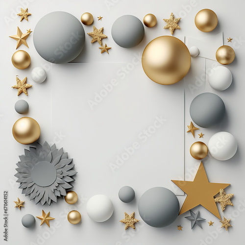 Stylish Christmas white background with volumetric 3D elements, gold and gray balls and stars and cut paper shapes. Square. Copy space.