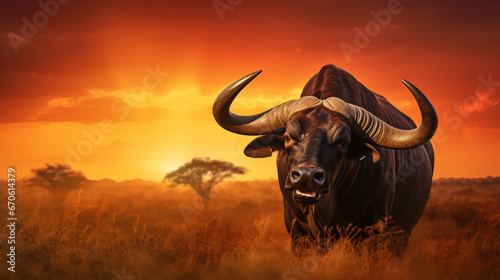 Bull at Beautiful Orange Sunset, Reflecting the Wild Nature of the Africa, Ideal for Nature-themed Designs and Artistic Displays