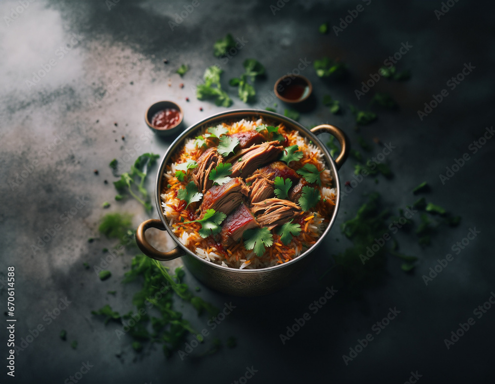 Angled Perspective of Layered Biryani with Succulent Meat and Fresh Coriander