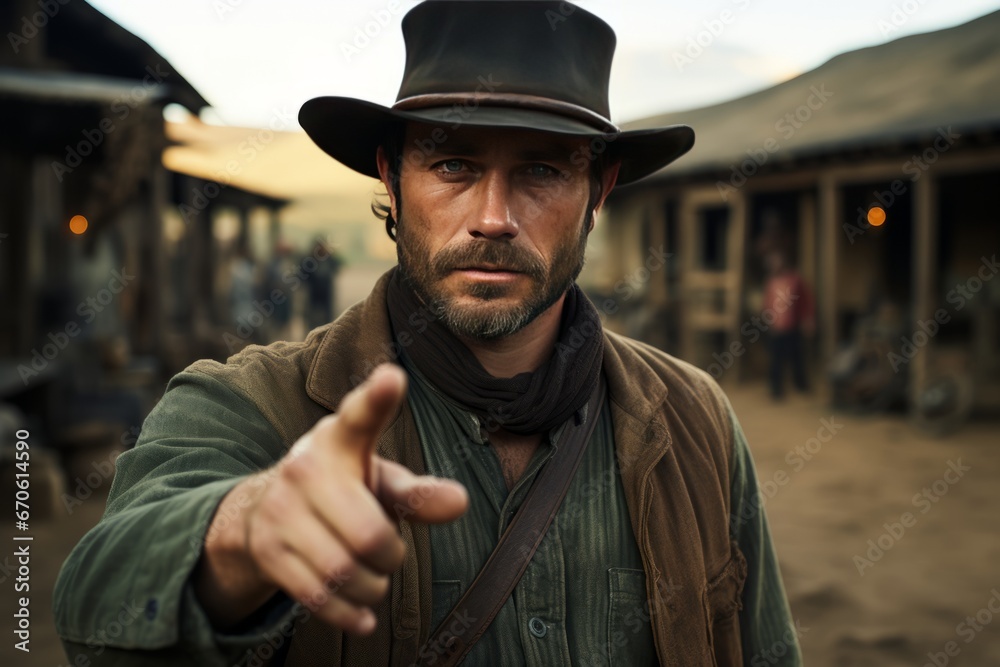 Portrait of a mature man in cowboy clothes against the backdrop of a wild western settlement. The Red Dead Redemption character looks at the camera with a confident smile and raised his index finger.