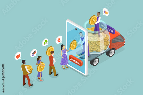 3D Isometric Flat Vector Illustration of Donating To Charitable Organization , People Giving for Help