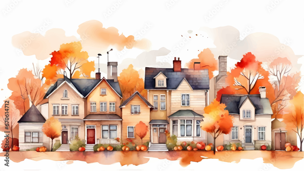 Autumn street suburb district houses vector simple isolated illustration, Autumn seasonal vector watercolor landscape background. - obrazy, fototapety, plakaty 