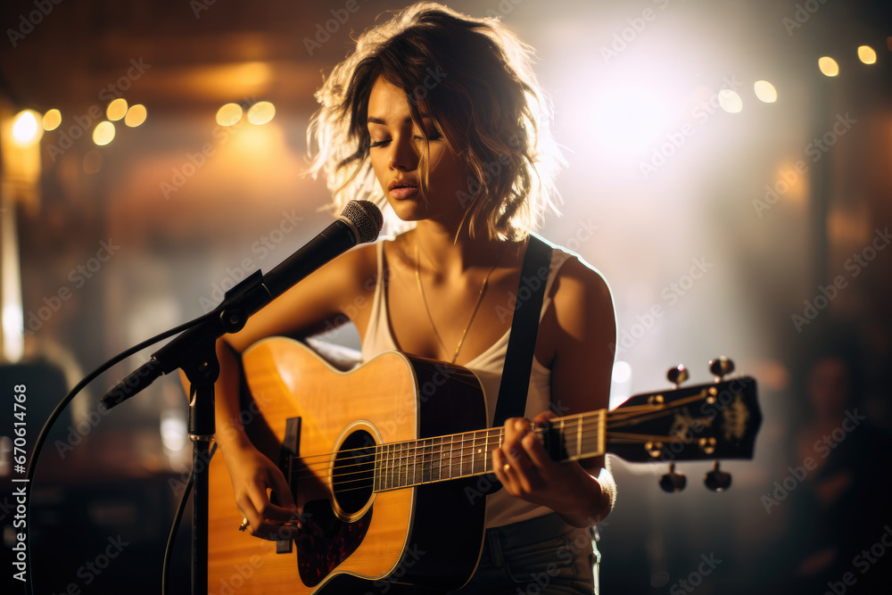 Obraz premium In a charming pub, a talented female singer-songwriter graces the stage, delivering heartfelt ballads with her soulful voice. 