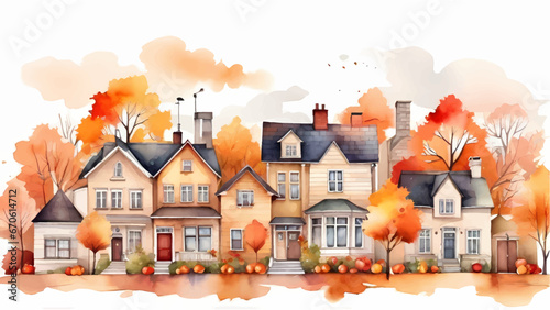 Autumn street suburb district houses vector simple isolated illustration, Autumn seasonal vector watercolor landscape background.