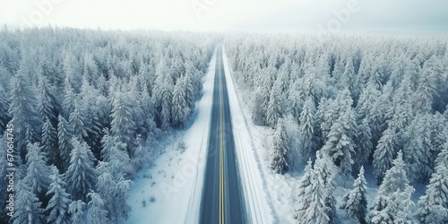 Generative AI, Misty winter fir forest beautiful landscape with road, in hipster vintage retro style, evergreen trees with show	
 photo