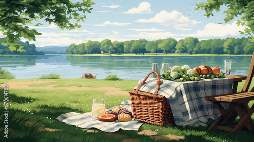 Canvas Print a serene lakeside picnic with a checkered blanket and basket