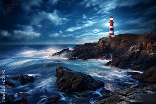 A rocky coastline at night, with crashing waves, starry sky, and a lighthouse in the distance