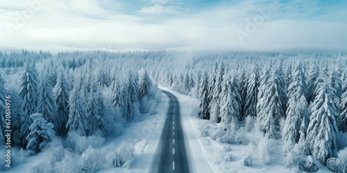 Generative AI, Misty winter fir forest beautiful landscape with road, in hipster vintage retro style, evergreen trees with show 