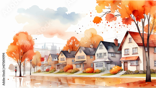 Autumn street suburb district houses vector simple isolated illustration, Autumn seasonal vector watercolor landscape background.