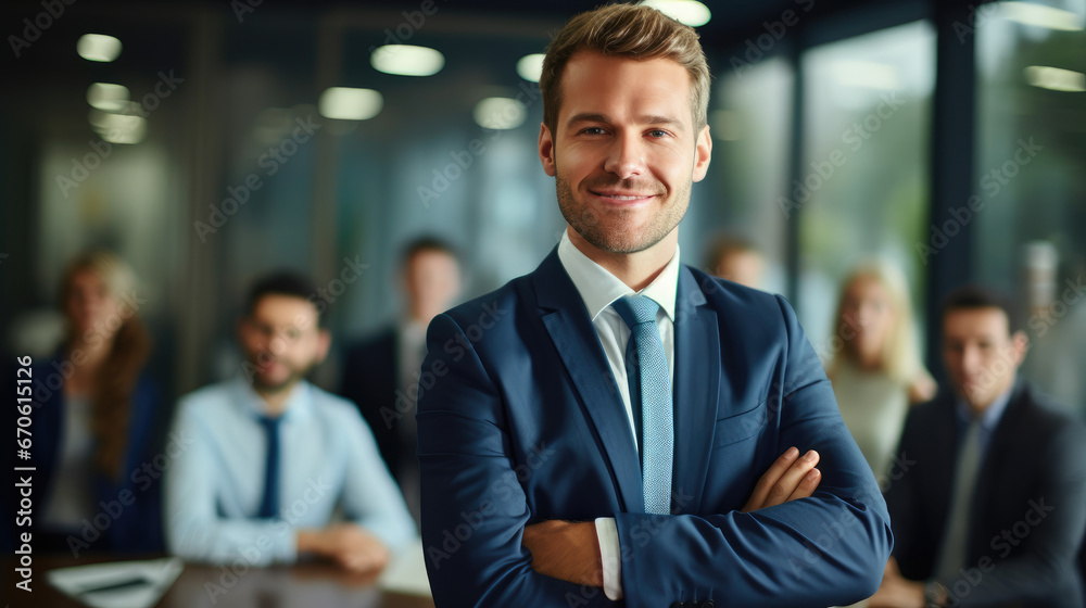 In this professional setting, a successful businessman occupies a boardroom seat while his team stands in the background, highlighting his leadership and teamwork.