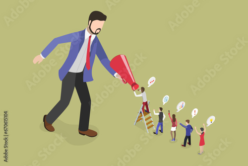 3D Isometric Flat Vector Illustration of Advocacy Or Support Opinion, Leader Listens Advice of Employees