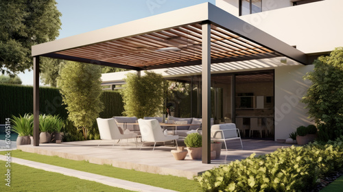 Trendy outdoor patio pergola shade structure, awning and patio roof. photo