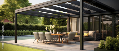 Trendy outdoor patio pergola shade structure, awning and patio roof.