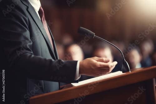 A male university professor in a lecture hall, standing at the lectern and engaging with the camera, professional photography