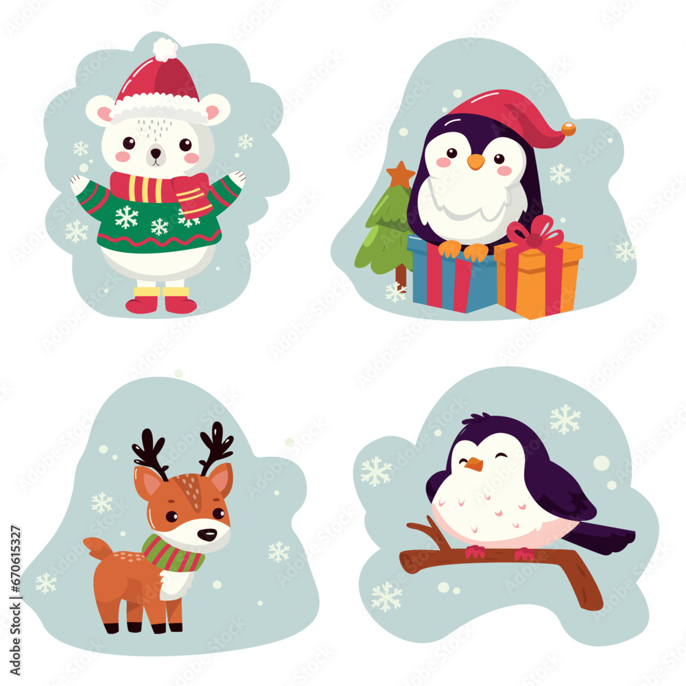 Cute holiday animals. Christmas hand drawn animals, xmas holiday winter characters isolated vector illustration. Funny holidays animals. set of christmas animals Cute holiday animals. Christmas hand drawn animals, xmas holiday winter characters isolated vector illustration. Funny holidays animals. set of christmas animals