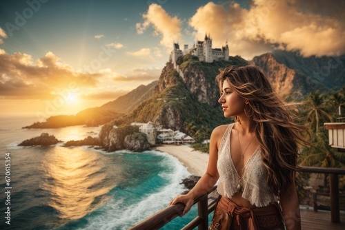 Portrait of a beautiful woman with hair curling in the wind against the background of a paradise island and the sea