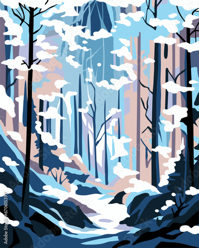 Vector abstract illustration of snowy forest, snow forest, snowy forest, lush winter forest landscape, vector, flat pattern, for banner, poster, snowy landscape 