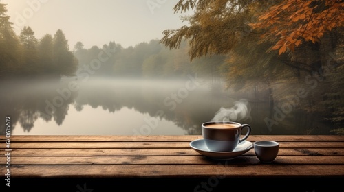 Rustic setting with mug on table, overlooking peaceful lake, surrounded by fall foliage, sky reflections on water. Nature's tranquility during autumn.