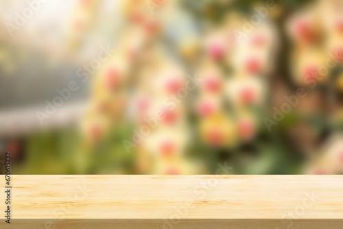 Empty wood table top with blur orchid garden background for product display
