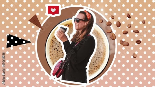 Creative digital collage stylish young woman hot coffee cup flying beans steam pastel gradient polka dot stop motion animation. Contemporary style funky trendy motion graphics Coffee house advertising