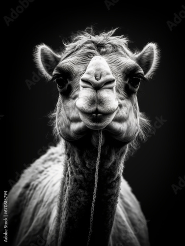 Black and white portrait of a camel