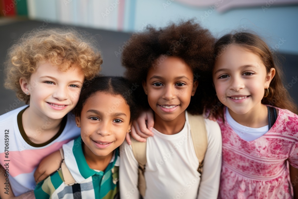 Group of cheerful schoolchildren hugging and looking at camera. Happy smiling multiethnic kids posing for group portrait. Children of different skin colors go to school together. Diversity concept.