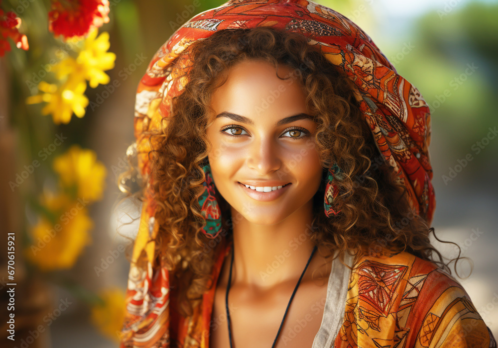 Natural portrait of young woman with traditional afro headscarf. Tradition concept. AI generative Natural portrait of young woman with traditional afro headscarf. Tradition concept. AI generative