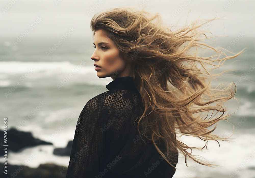 Natural portrait of pretty woman on the beach with long hair blowing in the wind. Beauty concept. AI generative Natural portrait of pretty woman on the beach with long hair blowing in the wind. Beauty concept. AI generative