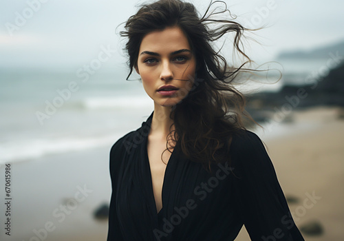 Natural portrait of pretty woman on the beach with long hair blowing in the wind. Beauty concept. AI generative © Alicina