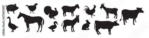 Domestic  farm animals  birds black silhouettes. Donkey  cock  goat  sheep  rabbit  horse. stock illustration