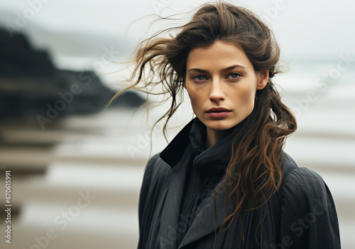 Natural portrait of pretty woman on the beach with long hair blowing in the wind. Beauty concept. AI generative