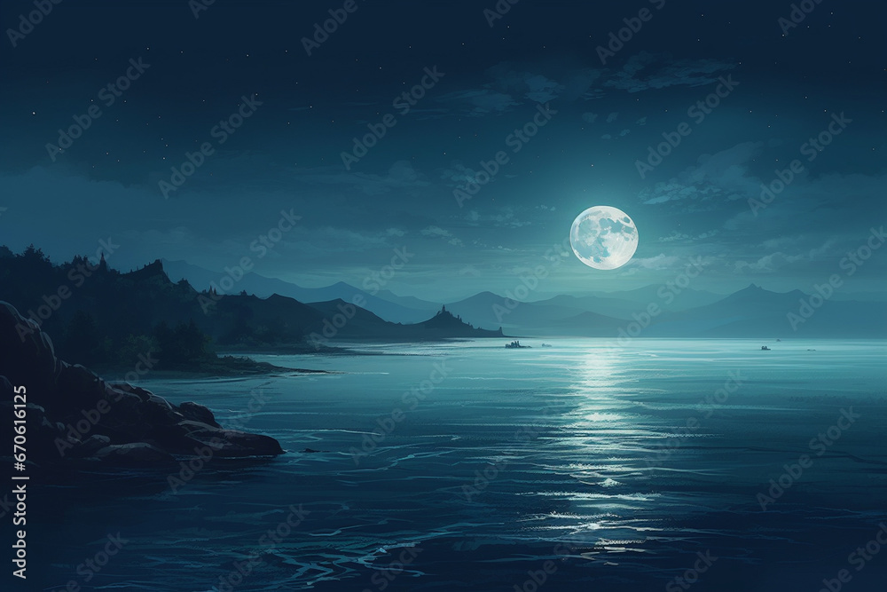 Fototapeta premium Night sea landscape with full moon, rocks and boats. Vector illustration