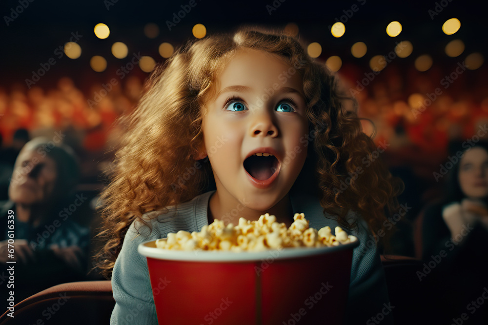 Naklejka premium Captivated Little Girl, Astonished and Surprised, Experiencing the Magic of Cinema while Watching a Movie. created with Generative AIe