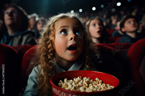 Captivated Little Girl, Astonished and Surprised, Experiencing the Magic of Cinema while Watching a Movie. created with Generative AI