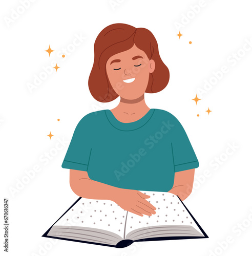 A smiling blind person reads something in Braille. World Braille Day.
