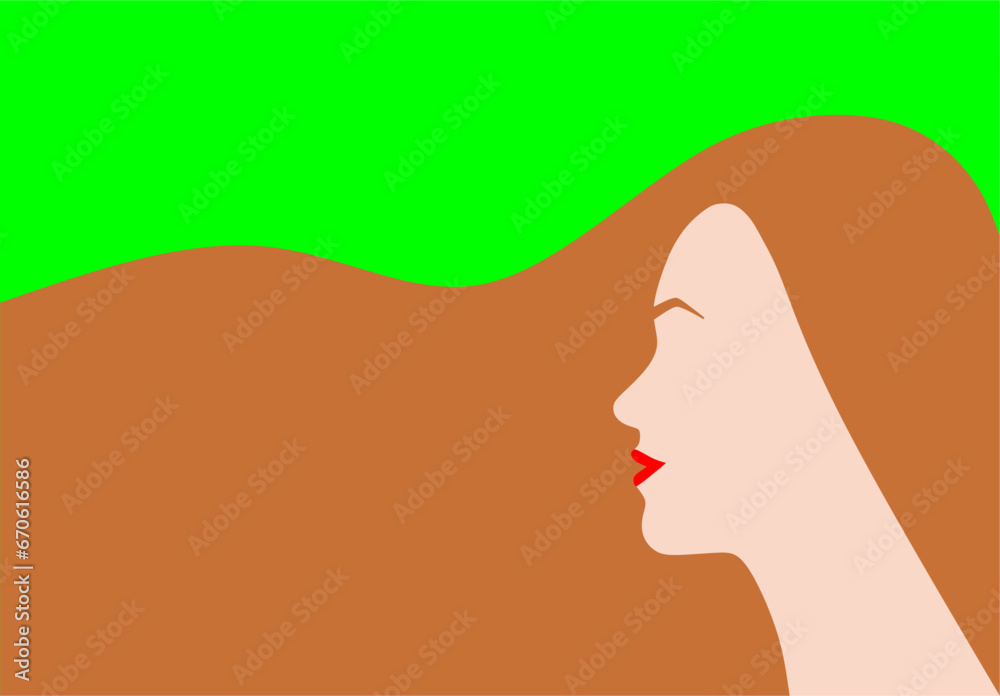 Beautiful woman with long flowing hair. The silhouette is in profile. Template for beauty salon, hairdresser, shampoo, greeting card, Women's Day, International Women's Day, March 8.