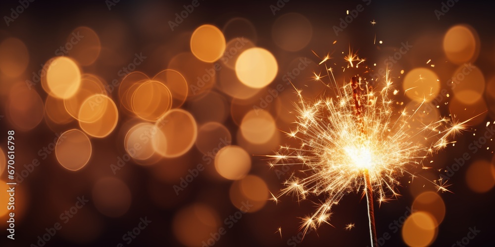 Fototapeta premium Happy New Year, Glittering burning sparkler against blurred bokeh light background, Copy space, generative ai