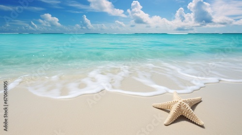 Solitary starfish resting on pristine white sands  waves gently kissing its edges.