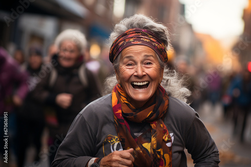 portrait of a cheerful elderly woman running a marathon