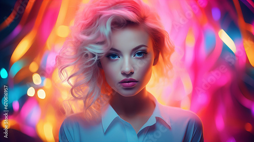 High fashion blonde model in colorful bright neon lights posing at club. Portrait of beautiful girl with trendy glowing make-up. 8 March, Valentine day, Birthday party, International women day