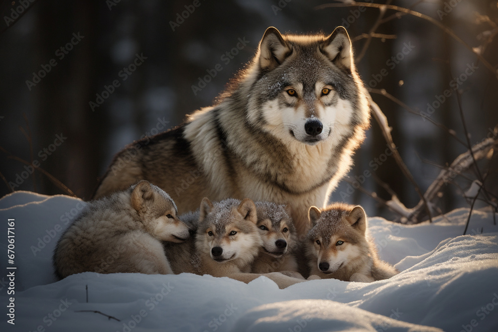 Obraz premium Group of wolfs in the winter forest. Animals in the wild.
