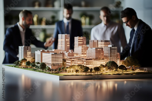 Innovative Business Building Project A Collaborative Team of Real Estate Developers, Architects, and Businessmen Work on a Complex Scale Model in Office. created with Generative AI