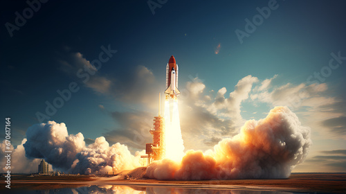 rocket in the sky,Rocket launch realistic background with spacecraft flying into space above earth vector ,Launch cosmos atlantis rocket light ship space technology,AI Generative  photo