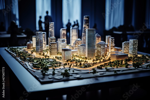 Innovative Business Building Project A Collaborative Team of Real Estate Developers, Architects, and Businessmen Work on a Complex Scale Model in Office. created with Generative AI © photobuay