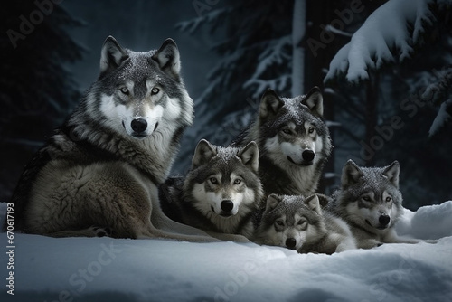 Group of wolfs in the winter forest. Animals in the wild.
