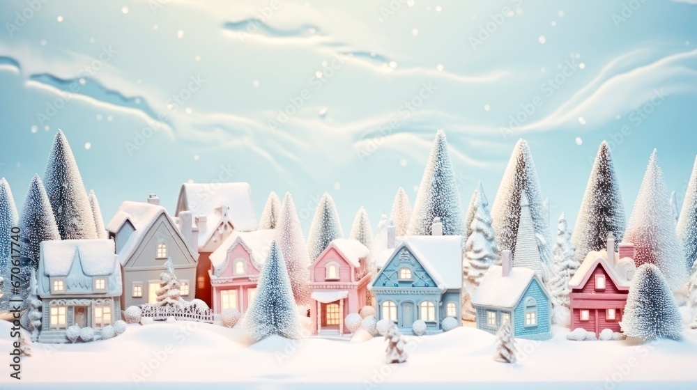  old fashioned pastel colors christmas village in the snow. Winter village landscape. Celebrate the Christmas and New Year holidays Christmas card. Christmas concept